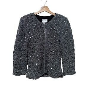 Joseph‎ Ribkoff Womens Silver Metallic Sequin Textured Jacket Size 8 Full Zip